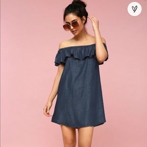Lulus Standout Style Dark Blue Chambray Off-the-Shoulder Dress